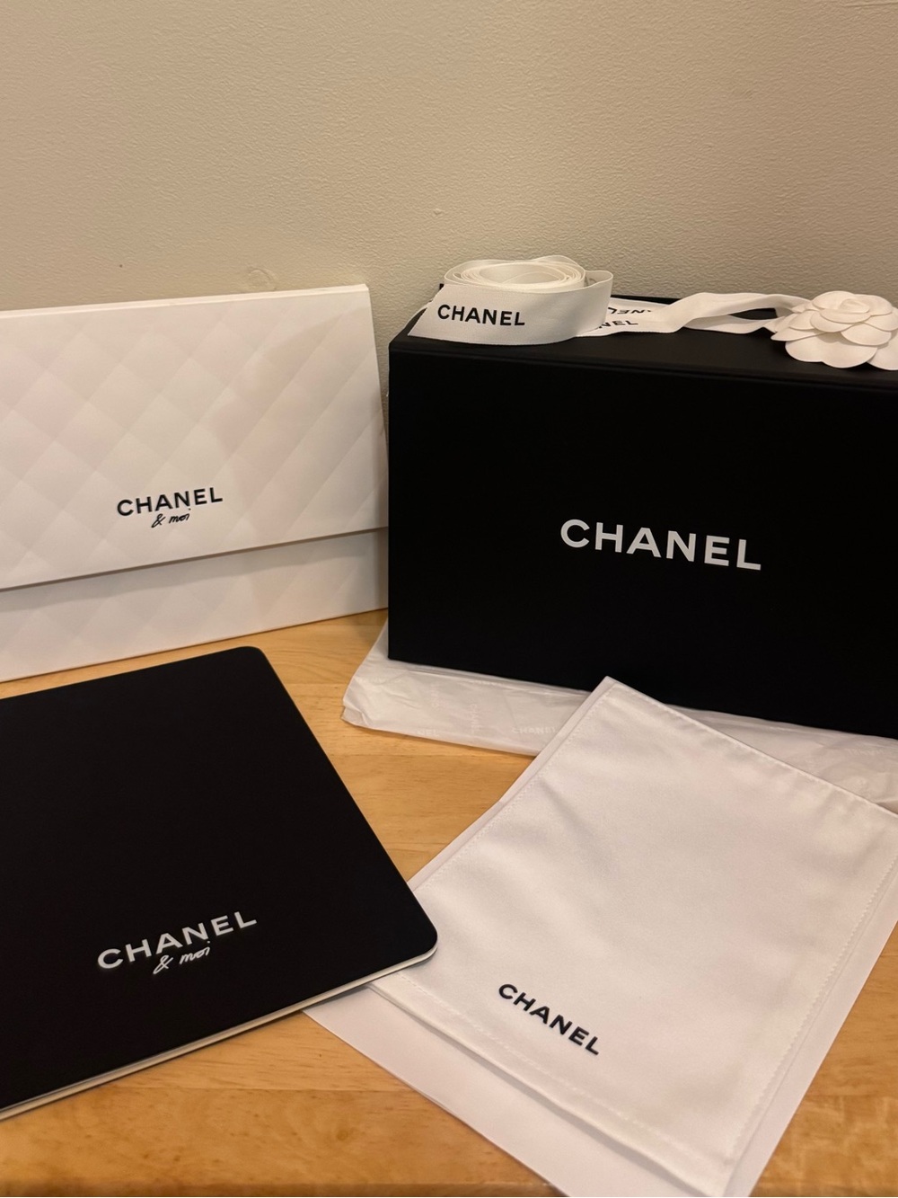 CHANEL Gift Box with Cleaning Cloth, Camellia and ribbon, and Care Booklet